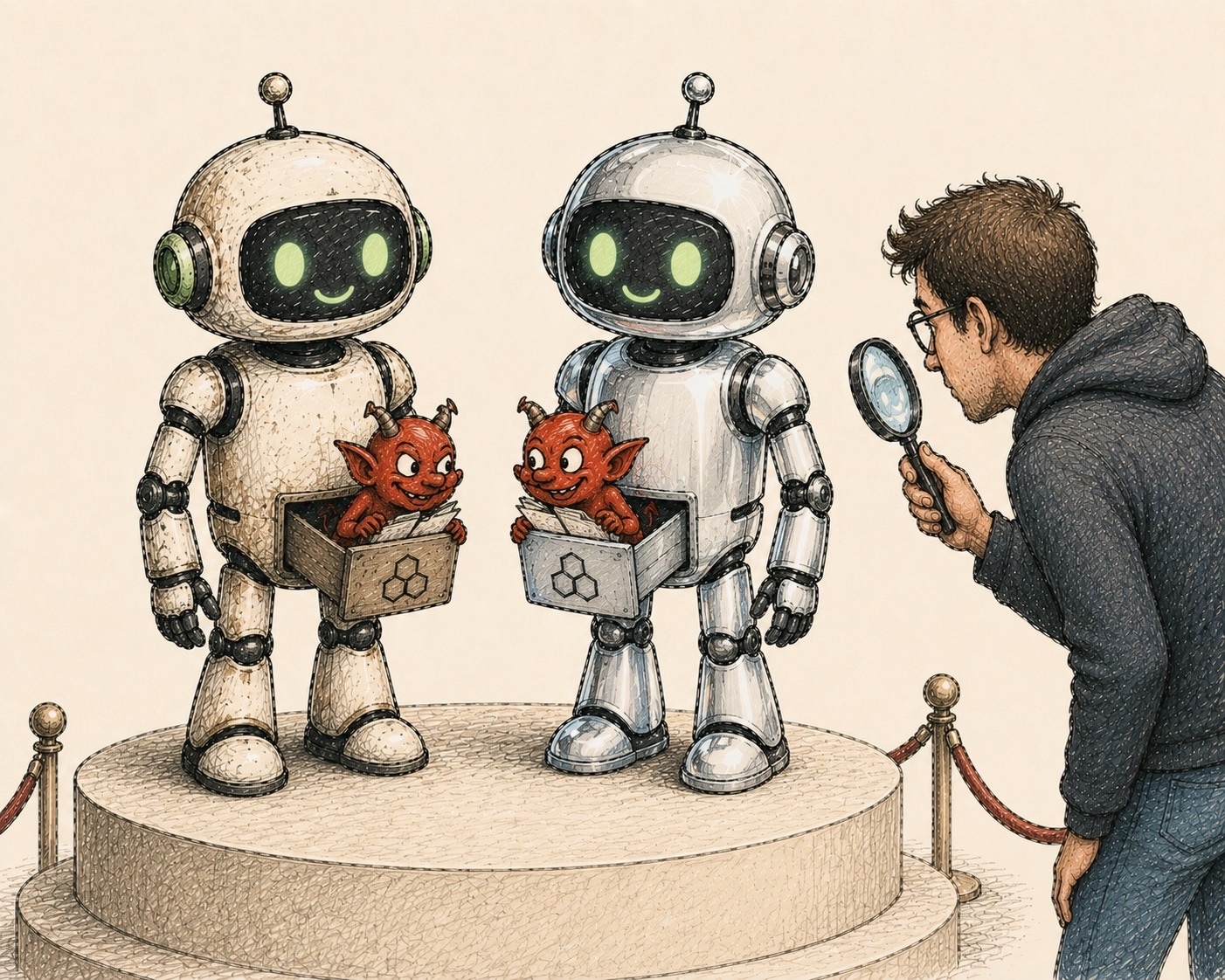 Two robots on a pedestal, one older and one newer, each with a small imp grinning from an open drawer in its side, while a developer inspects them with a magnifying glass